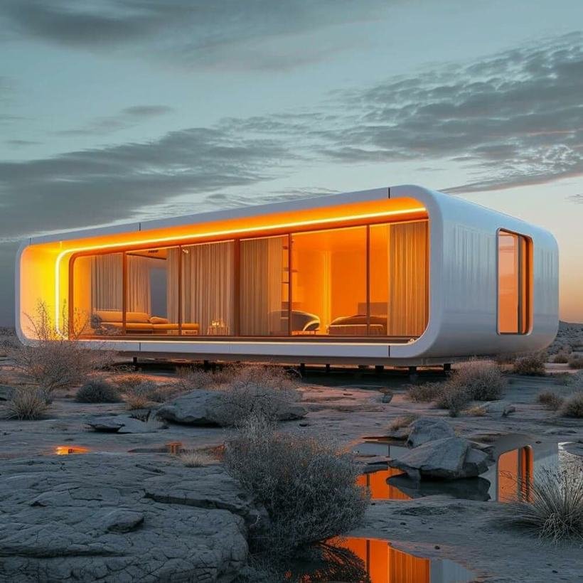Desert villa glowing at dusk