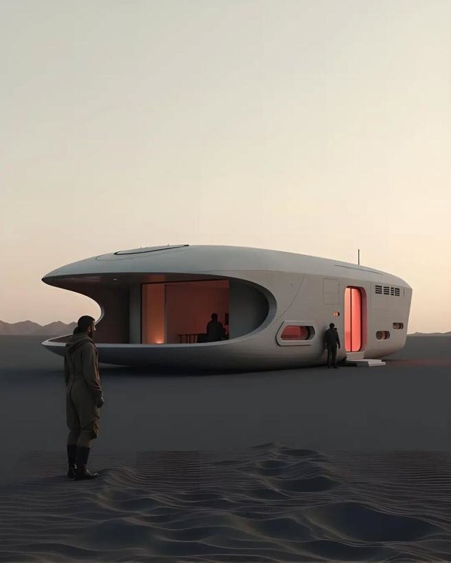 White curved pod with person for scale